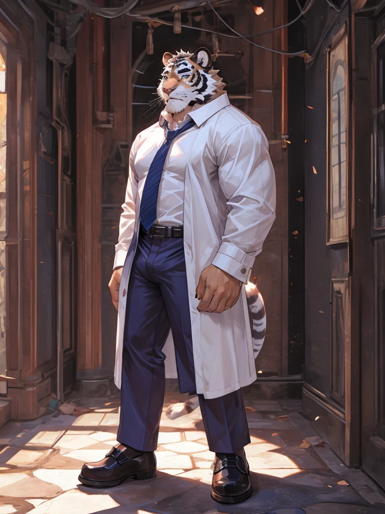 bara furry white tiger male wearing purple trench coat purple trousers and white dress shirt and necktie, loafers, very tall, broad shoulders, narrow waist, muscular, long legs, big bulge, beautiful eyes, purple eyes, full body, best quality, high quality, silver earring on left ear, dead stare, cold expression