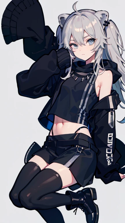 masterpiece, Facial details, Very detailed, 8K, Modern Style, ((One young man)), woman, Black hoodie, Black trousers, black boots, White Background, joy, lion ears, gray hear, sleeves past wrists, grey eyes,