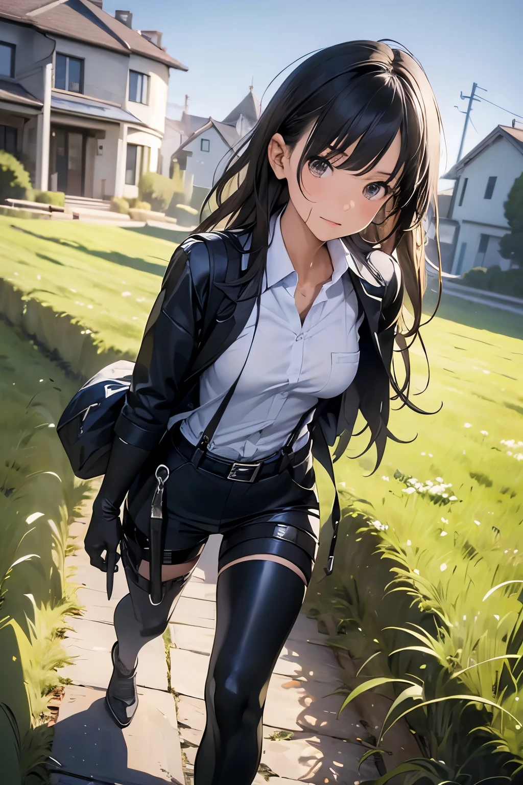 Highest quality, masterpiece, Ultra-high resolution, (realism: 1.4), Oil painting style, Cinema Lighting, An endless grassland dotted with a few houses, I stood on the empty asphalt road and looked at it., Fairy Mountain々was shrouded in mist, And the suspenders with the cranes flying Moderate breasts Small face holster Beautiful woman Lying in bed Looking up Sweat belt summer 脇Sweat Black Hole Gloves suit shirt Black jacket Black trousers Leg Links ズボンにbelt holster Nipples show through the top of clothes