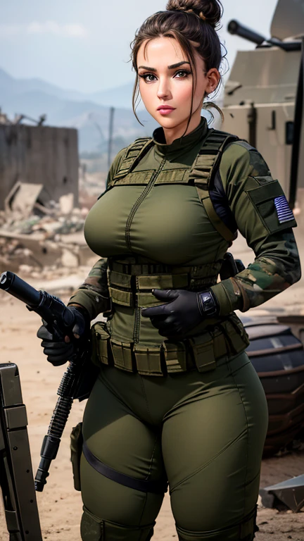 Israel military woman, beautiful, beautiful face, realistic face, beautiful hazel eyes, brunette hair bun hairstyle, puffy lips, slim athletic body, perfect breasts, round ass, thick thighs, israel military uniform, tactical gear, tactical gloves, black combat boots, tight camouflage pants, destroyed building in background, tight fit full outfit, head to toe, armored vehicle