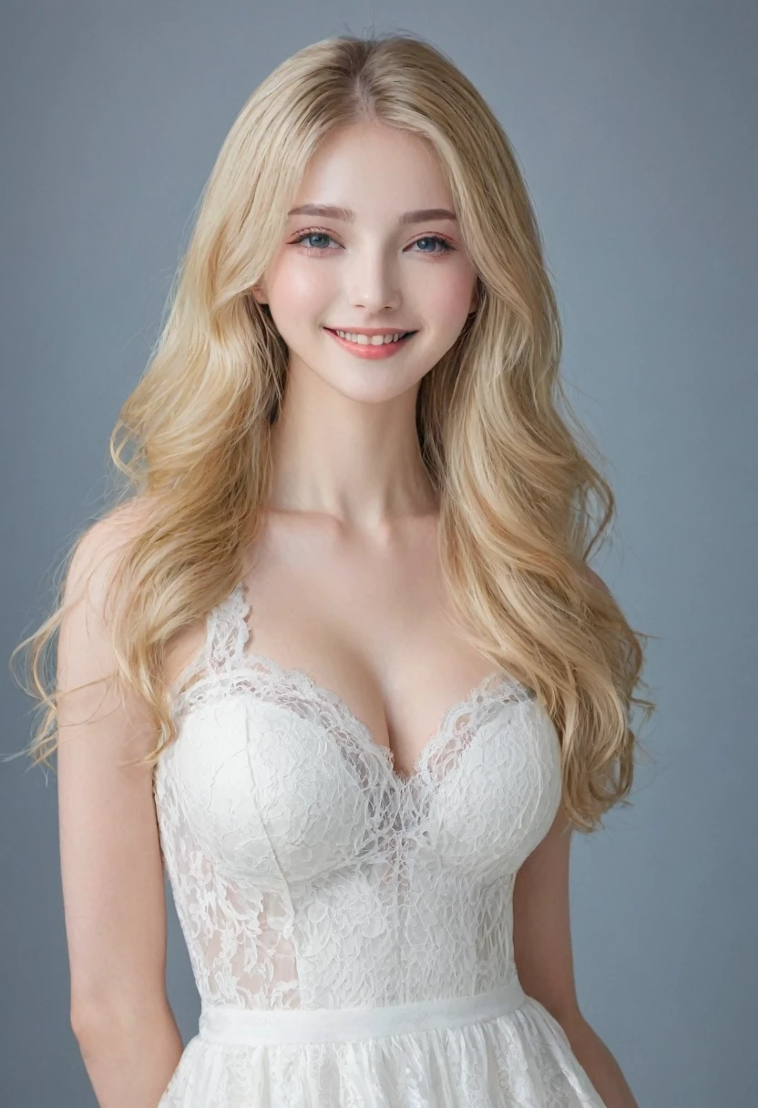 （（European Caucasian Woman））、（（Mary, 18 years old））one person、Thin contours、Grey Eyes、Big Breasts、Narrow waist、White and translucent skin、Beautiful, shiny blonde medium-long hair、8-head-tall model style、White lace long dress、Waist-down angle、Tokyo city、smile