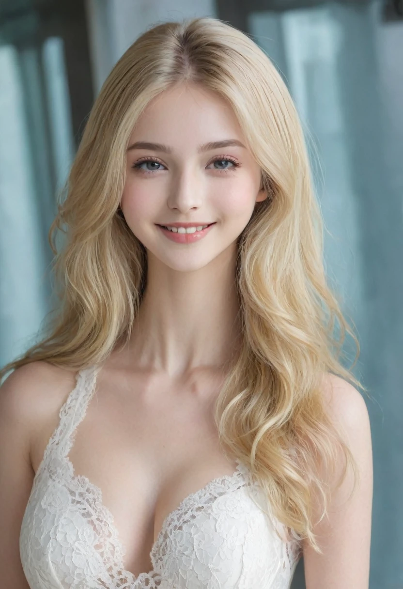 （（European Caucasian Woman））、（（Mary, 18 years old））one person、Thin contours、Grey Eyes、Big Breasts、Narrow waist、White and translucent skin、Beautiful, shiny blonde medium-long hair、8-head-tall model style、White lace long dress、Waist-down angle、Tokyo city、smile