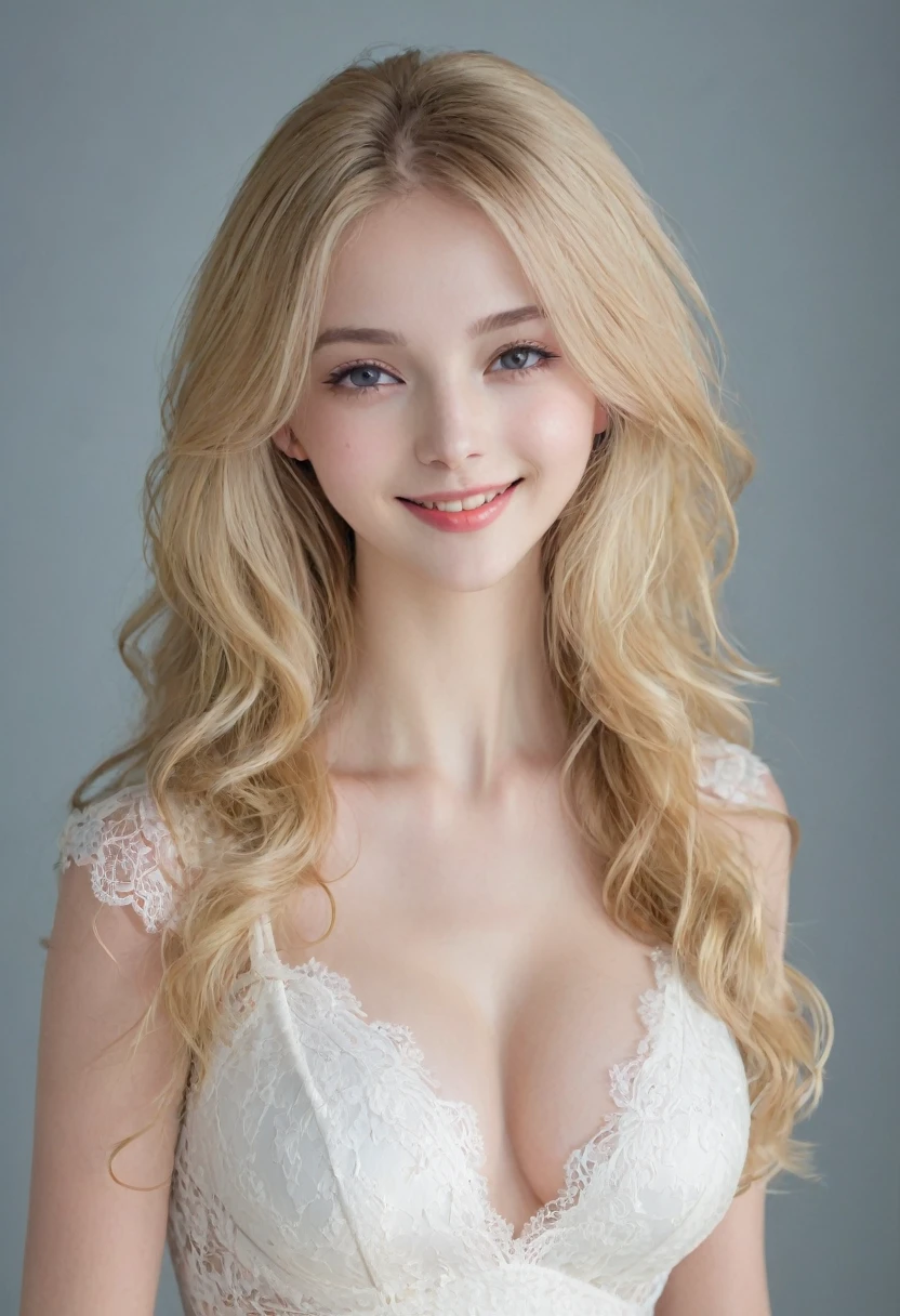 （（European Caucasian Woman））、（（Mary, 18 years old））one person、Thin contours、Grey Eyes、Big Breasts、Narrow waist、White and translucent skin、Beautiful, shiny blonde medium-long hair、8-head-tall model style、White lace long dress、Waist-down angle、Tokyo city、smile