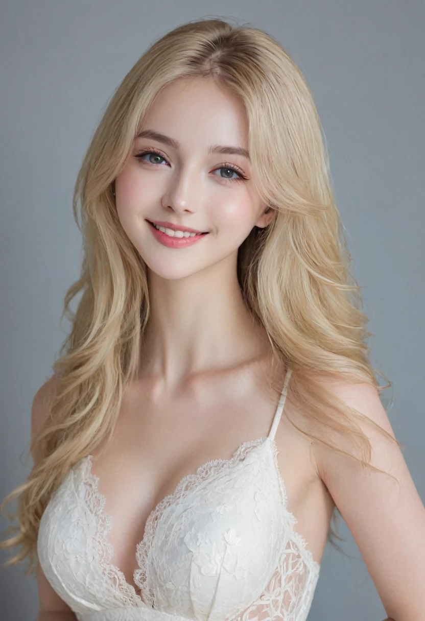 （（European Caucasian Woman））、（（Mary, 18 years old））one person、Thin contours、Grey Eyes、Big Breasts、Narrow waist、White and translucent skin、Beautiful, shiny blonde medium-long hair、8-head-tall model style、White lace long dress、Waist-down angle、Tokyo city、smile