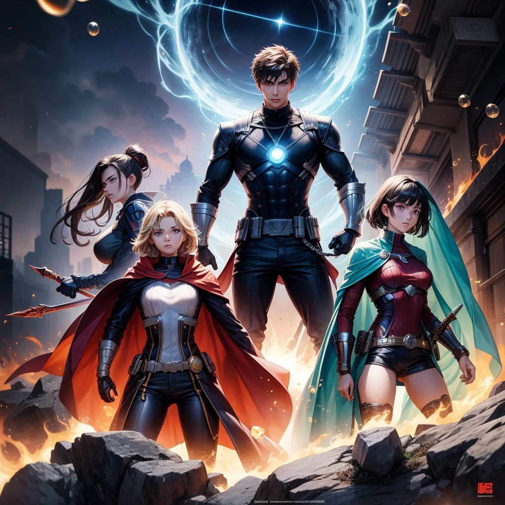 Confident and charismatic young man 20 years old, surrounded by two girls, Reminiscent of iconic Avengers posters. A young man stands in the center, Exuding a sense of leadership and strength, while two girls stand on either side of him. Each girl represents a different archetype, genius scientist and skilled warrior, and each of them has their own distinctive costumes and characters, the guy should have a fiery sword in one hand. The artistic style should reflect the essence of the heroic and dynamic ensemble, magic bubbles up around the guy in the center, the guy in the center has a hand in magic, Magic effect. Magic style, fire magic effect.