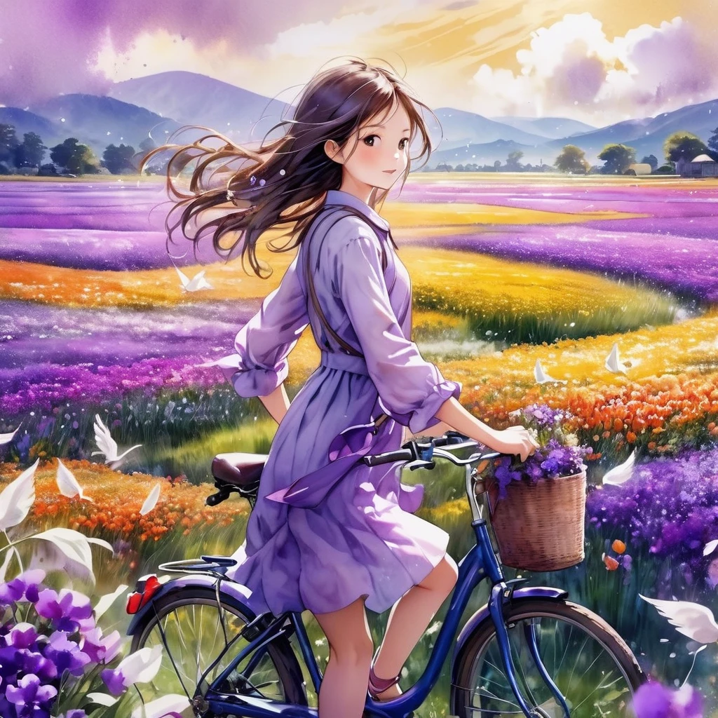 sea of flowers/sea of flowers/sea of flowers.The wind blows the violet fields.spring field scenery.Close-up of a beautiful girl riding a bicycle.Followed by a puppy.water colour、Splash technology recreates the mud atmosphere in wet environments、unique ingredients、Abstract representation、Contains surreal elements、light tone.light gold color scheme、high resolution细节、Paint splash effect、Bright and fresh colors.composto.(best qualityer,4K,8K,high resolution,work of art:1.2),super verbose,There are pale, plump ears of rice in the foreground.