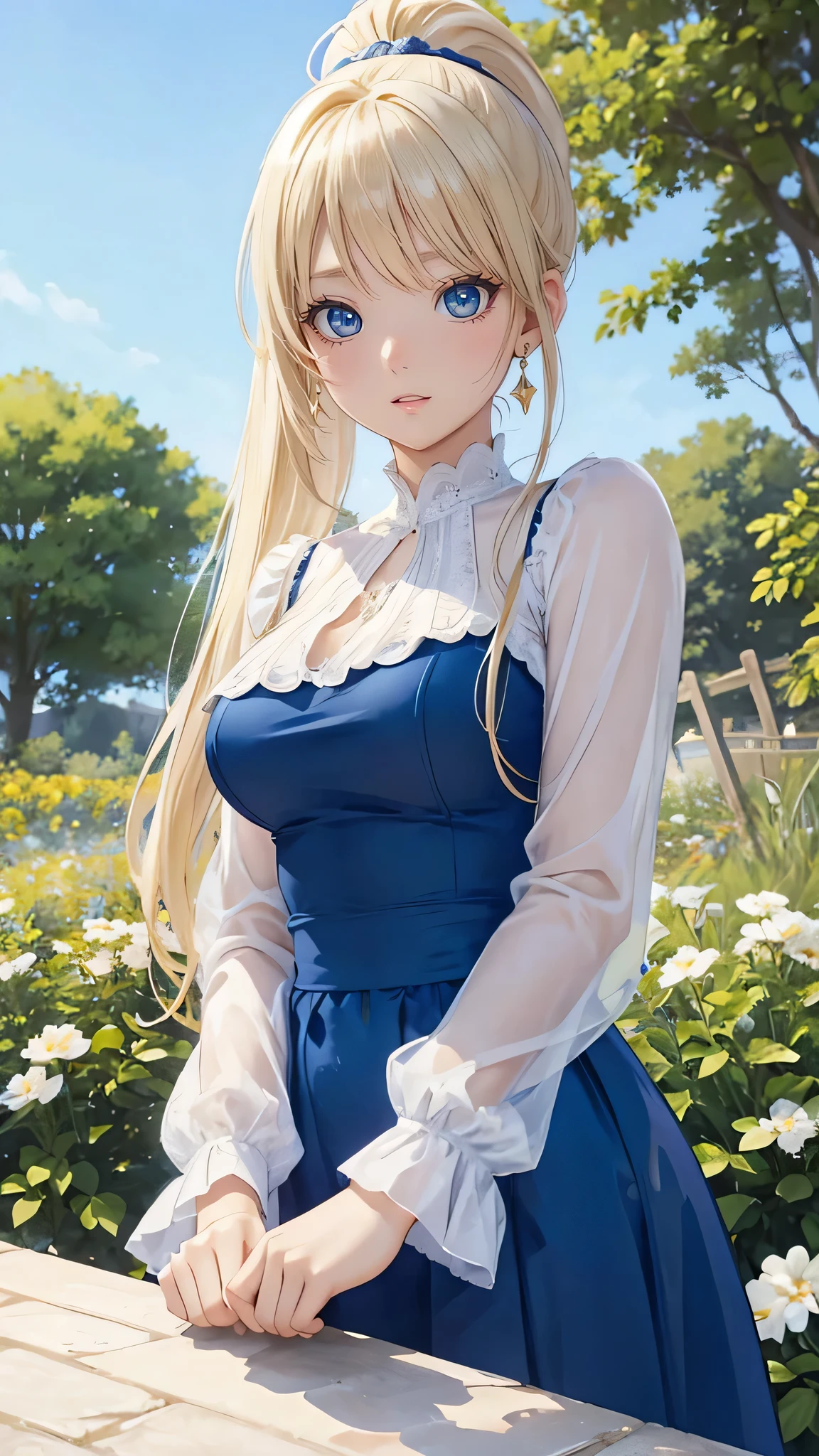 (masterpiece:1.2), (highest quality:1.2),, Curvy but slender body, Perfect Eyes, Perfect Face, Perfect lighting, 1 girl, in the garden, (blouse),(whole bodyショット),(Long skirt),(ponytail), Quality clothing, Detailed outdoor background, Compensate, eye shadow, Thick eyelashes, Fantasy, Looking at the audience, whole body、blue sky、Bright and very beautiful face、Young and shiny white glossy skin、The ultimate beauty、The most beautiful light blonde hair in the world、Thin Hair、Long Hair、Shiny beautiful bangs、Big, bright blue eyes、Very beautiful and lovely 18 year old, The most beautiful girl in the world、Small breasts