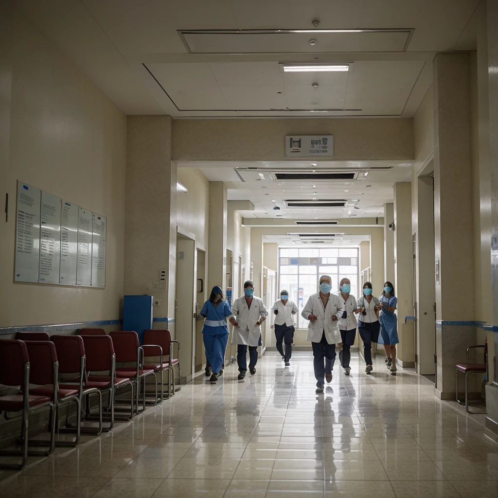 A public hospital in a populous city. The atmosphere is chaotic, con pacientes que esperan en largas filas, doctors and nurses running back and forth, and a general feeling of disorganization.

