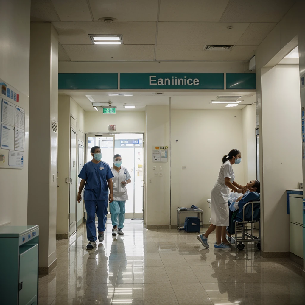A public hospital in a populous city. The atmosphere is chaotic, con pacientes que esperan en largas filas, doctors and nurses running back and forth, and a general feeling of disorganization.

