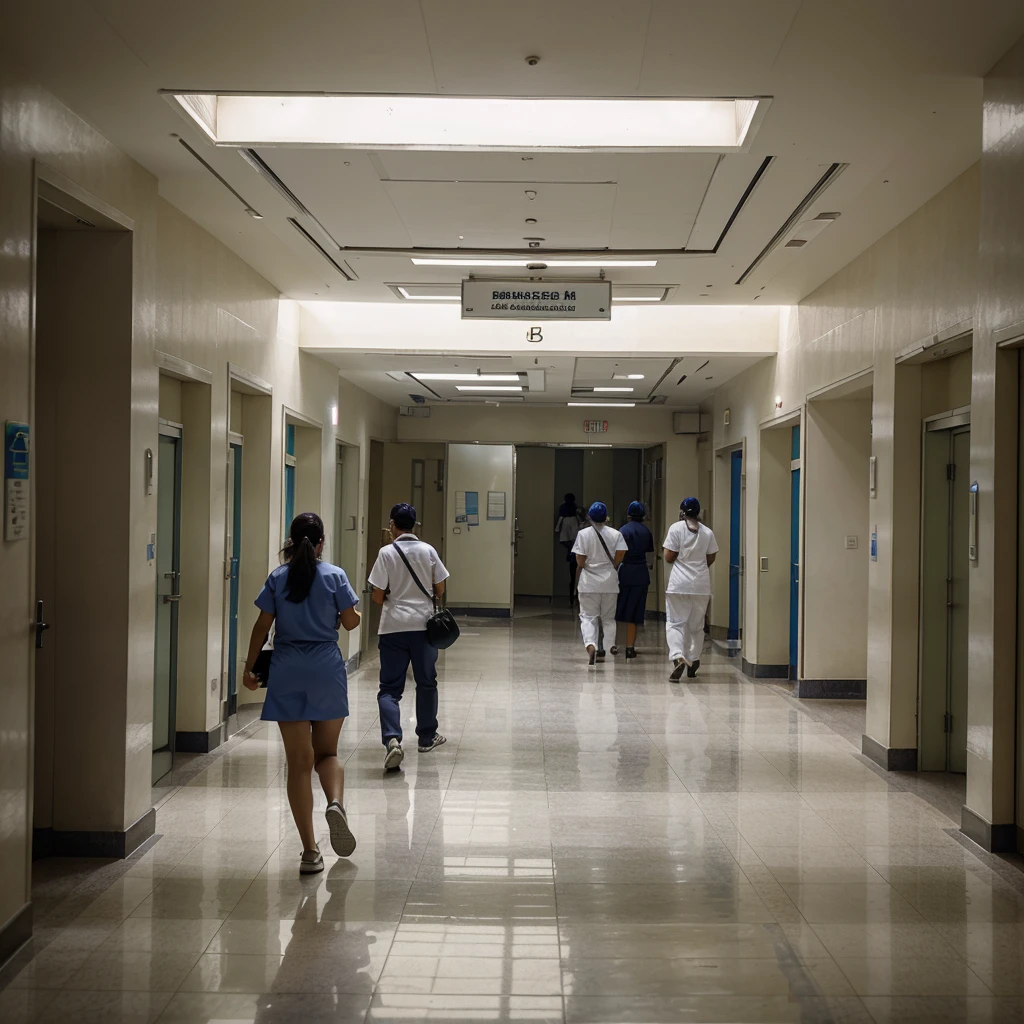 A public hospital in a populous city. The atmosphere is chaotic, con pacientes que esperan en largas filas, doctors and nurses running back and forth, and a general feeling of disorganization.

