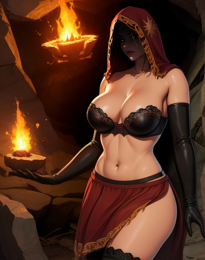 Dsorceress,shadowy face,dark cave,fire, hood, shadowed face,strapless bra, no panty, miniskirt,elbow gloves, dark skin, 1 girl (insanely detailed, masterpiece, best quality),