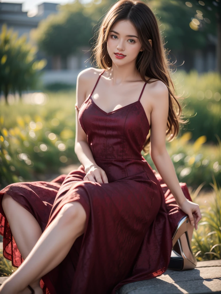 最high quality, 8K, Masseter area, Energetic, concentrate, high quality, high resolution, Delicate face, Fine particles, thick lips, (Looking at the audience), solitary, Beautiful woman, 25 years old,full image， Plum, Black long hair,  (Light-colored spaghetti strap lace dress:1.5)，（Sitting on a chair in the park：1.5）、Blurred Background，((Smile:1.5))、((Wearing black high heels))，High Aims，Gentle and intellectual