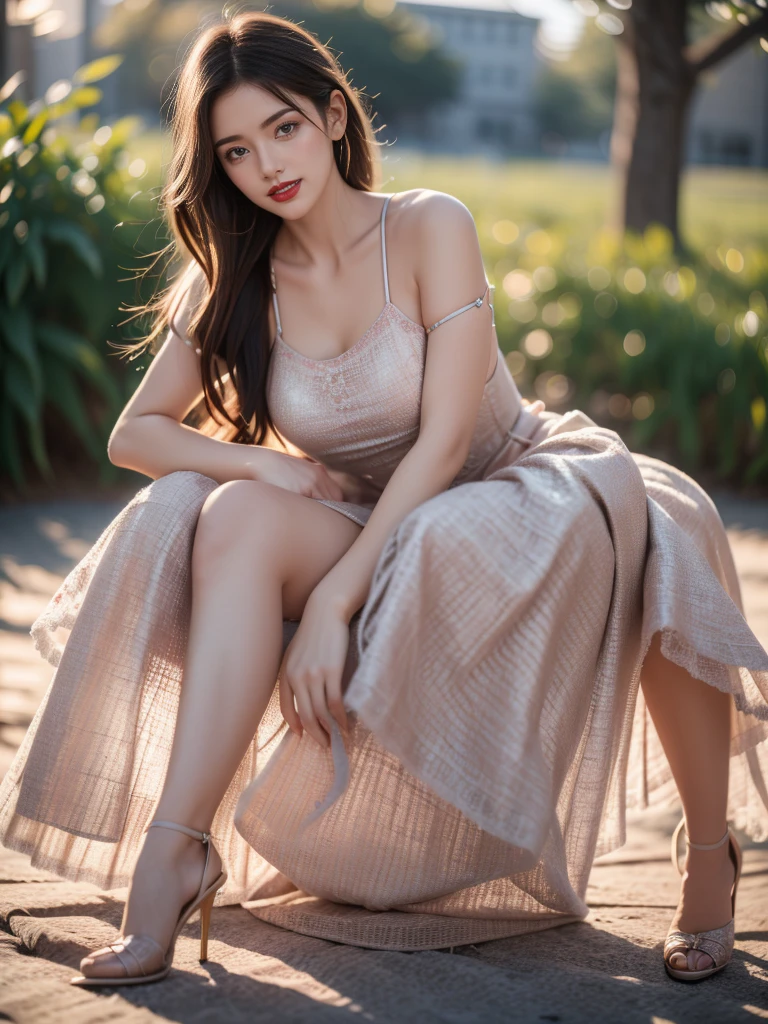 最high quality, 8K, Masseter area, Energetic, concentrate, high quality, high resolution, Delicate face, Fine particles, thick lips, (Looking at the audience), solitary, Beautiful woman, 25 years old,full image， Plum, Black long hair,  (Light-colored spaghetti strap lace dress:1.5)，（Sitting on a chair in the park：1.5）、Blurred Background，((Smile:1.5))、((Wearing black high heels))，High Aims，Gentle and intellectual