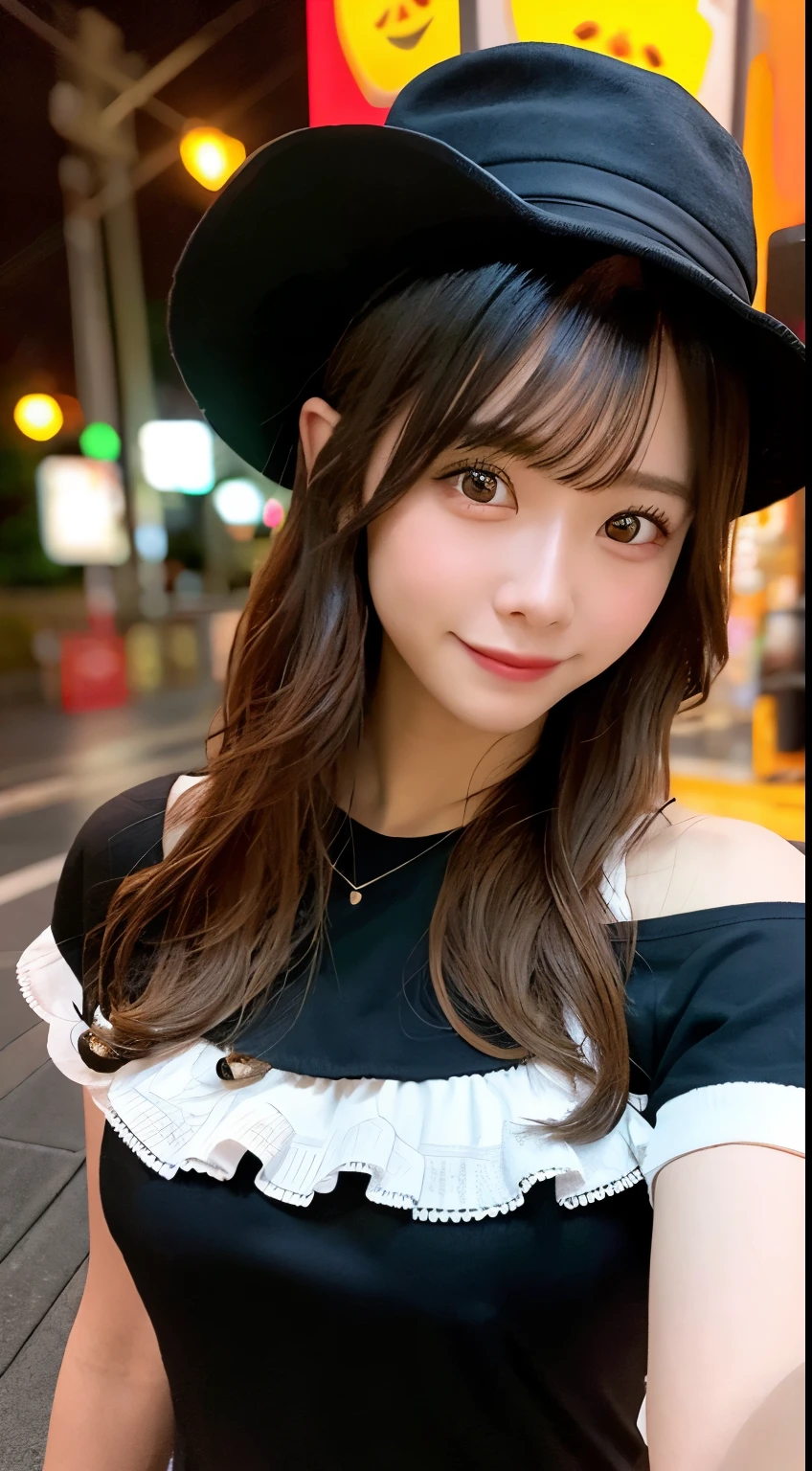 high quality, 最high quality, masterpiece, Very fine、beautifully、detailed, Professional photos, Proper Lighting,
Very beautiful girl, Beautiful Face, Face Tattoos,
Halloween Costumes, Black short dress, Black witch hat, Orange Accessories,
smile, Laughter, Blushed, (thin, Pale skin,:0.8)
Very straight medium hair with single blades,
(Bokeh, Dynamic Angle, city, on the road, Midnight, Shibuya Ward,:0.8)