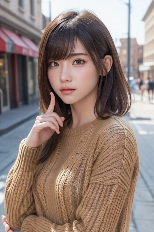 one girl, (a beauty girl, delicate girl:1.3), (, change:1.3),
break, (Long knit sweater, one piece:1.3),
break, Very fine grain definition, (Symmetrical eyes:1.3),
break, (Street Snap:1.3), (Index finger in front of you, Wink, Close one eye:1.3), perfectly trimmed fingers,
break, Small breasts, Brown eyes, Parted bangs, Brown Hair, girl,
break, (Eye and facial details:1.0),
break, (masterpiece, Highest quality, Super detailed, Detailed face, 8K)