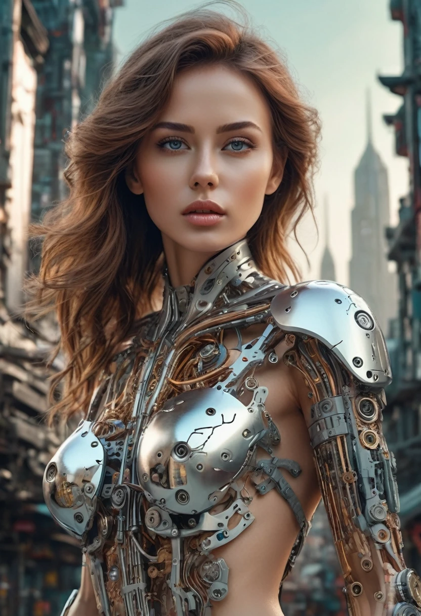 A beautiful woman standing in the background of a futuristic city, Intricate mechanical parts and delicate, Beautiful human figure, Magnificent anatomy and physique, 1/2 Body cutting, (best quality, 4K, 8K, high resolution, masterpiece:1.2), Extremely detailed,(Practical, photoPractical, photo-Practical:1.37), Human Development Report, (Intricate details:1.12), (Intricate details, Ultra Detail:1.15), (Natural skin texture, Surrealism, Soft Light, sharp:1.2)