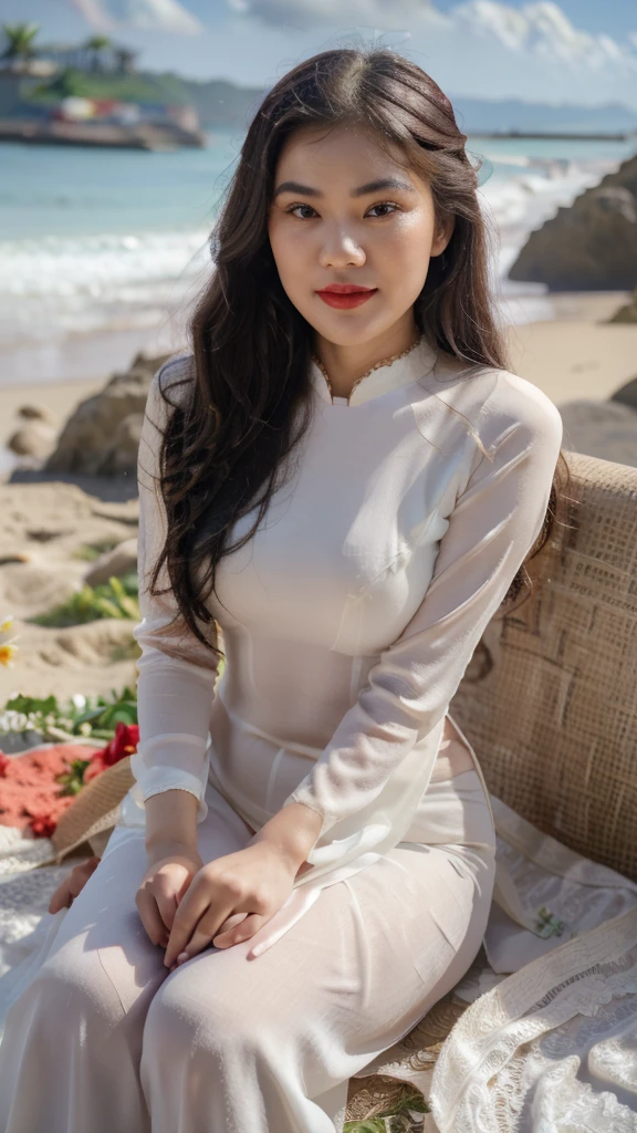 detailed body, attractive body, perfect human body, realistic face,
(ultimate quality, masterpiece, highres:1.0), realistic:1.6, photorealistic,
[8k UHD photos, UHD high quality photos, Super detailed and super clear images],
Close-up of a Vietnamese girl with a beautiful face and balanced body, leggy, round face, big round eyes, Charming smile, Red lips, long curly eyelashes, big dimples, pointed chin, plump face, Her face resembles Tuyet Linh, Tall and plump figure, lace bra inside, lace panty inside,
wearing a bright and shiny white silk ao dai with embroidered flowers, sitting and playing with the sand and ocean waves, pose sexy,
Silk ao dai,