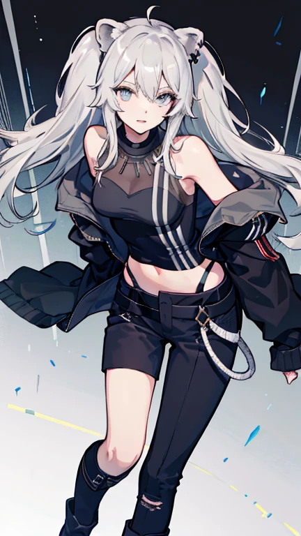 masterpiece, Facial details, Very detailed, 8K, Modern Style, ((One young man)), woman, Black jacket, Black trousers, black boots, White Background, joy, lion ears, gray hear, sleeves past wrists, grey eyes,