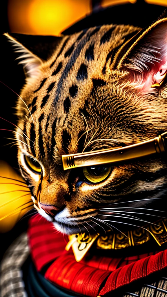 a cat, ((samurai outfit)), epic scene, dynamic camera, backlight, (close up:1.2), high quality photography, 3 point lighting, flash with softbox, 4k, Canon EOS R3, hdr, smooth, sharp focus, high resolution, award winning photo, 80mm, f2.8, bokeh