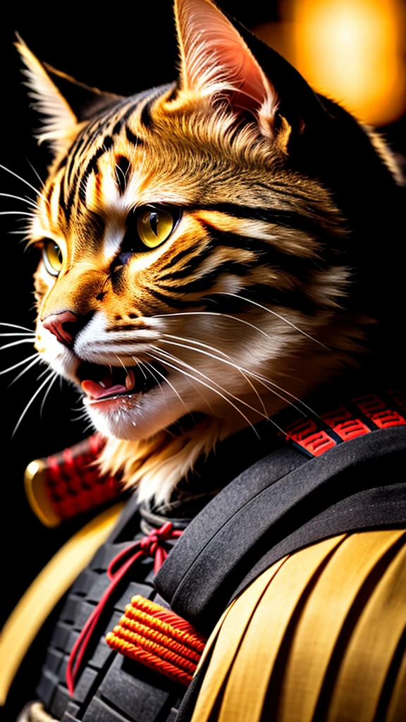 a cat, ((samurai outfit)), epic scene, dynamic camera, backlight, (close up:1.2), high quality photography, 3 point lighting, flash with softbox, 4k, Canon EOS R3, hdr, smooth, sharp focus, high resolution, award winning photo, 80mm, f2.8, bokeh