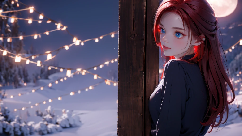 1 Girl , Girl medium light Red hair, light blue eyes, wearing black suit 4D, night town , ??? , high res, ultrasharp, 8K, masterpiece, looking from behind
