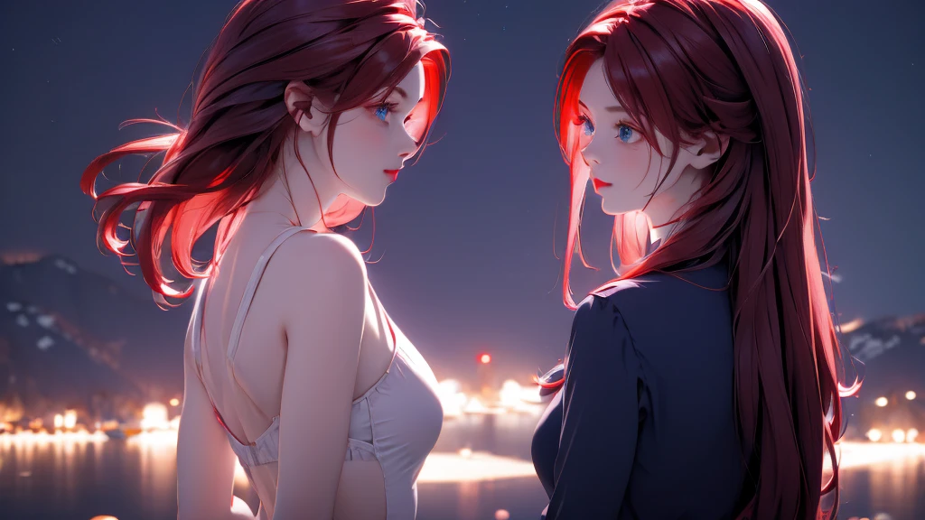 1 Girl , Girl medium light Red hair, light blue eyes, wearing black suit 4D, night town , 18+ , high res, ultrasharp, 8K, masterpiece, looking from behind