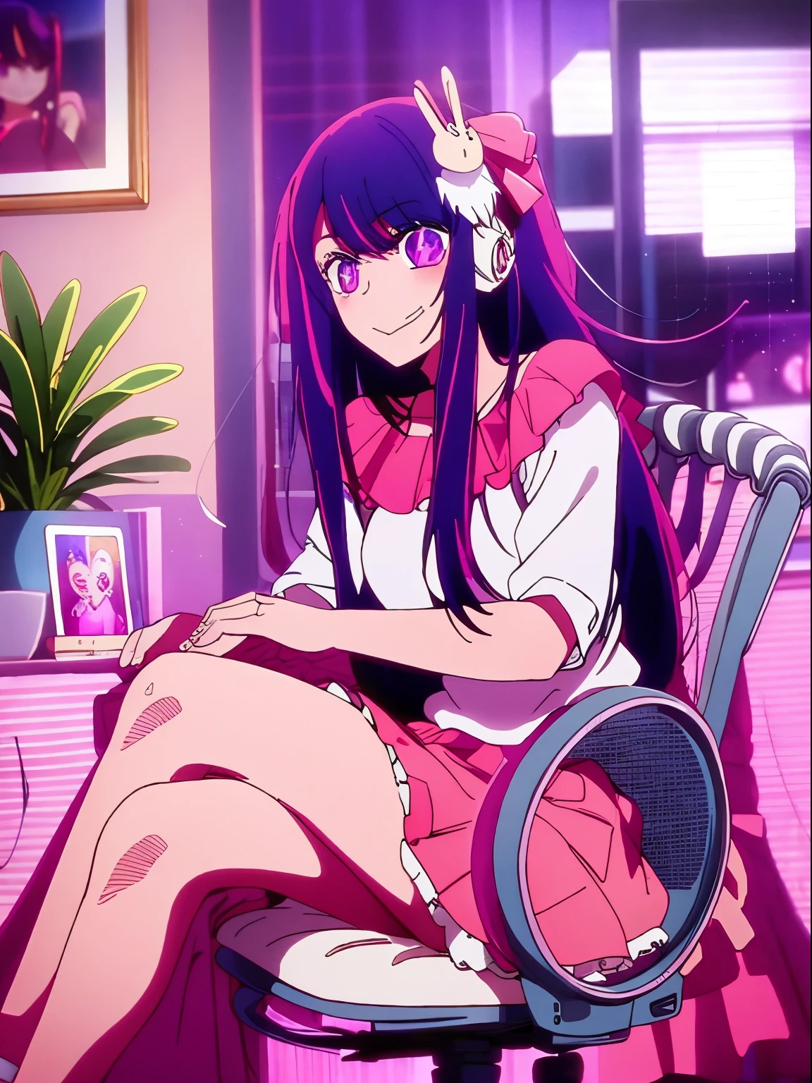 A girl sitting in a chair in her room wearing headphones and listening to music.,1girl,long hair,black hair,swept bangs:1.3,symmetry sideburns,green eyes,mole under left eye:1.3,short eylashes,black pupils,medium breasts,pink heart hair accessory,smile,sitting,holding smartphone,closed mouth,(from side),pink blouse,flare skirt,solo,indoors,
chair,rain,pink headphones,window,pink curtains,office chair,plant,potted plant,on chair,cactus,desk,looking at phone,stuffed bear,armchair,feet out of frame,rainy sky,afternoon,all intricate,HDR,sub surface scattering,masterpiece,best quality,very aesthetic,absurdres