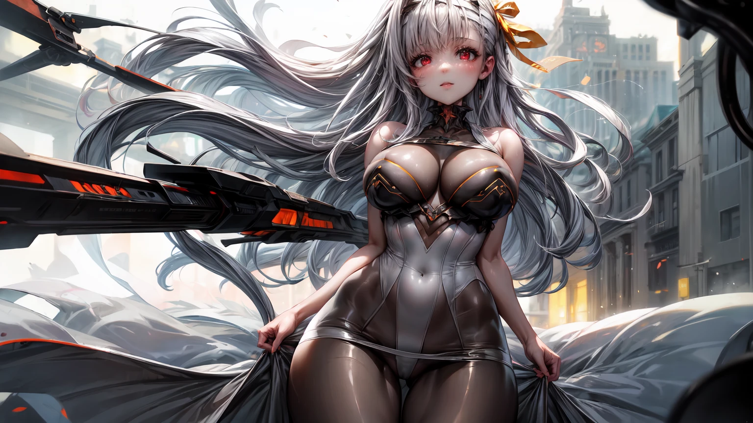 ((((Obra maestra, La mejor calidad, ultrahigh resolution)))), 1girl, standing, (cute maid costume), ((long pure silver hair and grey mesh hair, hair over eye)), long hair cut, pale skin, ((red eyes)), glowing_eyes, neon eyes, (ultra detailed eyes:0.7, beautiful and detailed face, detailed eyes:0.9), smile, ((wide shot)), facing viewer, ((vibrant background, bright lighting, summer, sunlight)), flat chested, looking at viewer, ((half closed eyes)), ((perfect hands)), (((head:1, arms, hips in view, elbows, arms, legs, in view))), ((hands behind back)), empty eyes, beautiful lighting, ((outside, outdoors)), defined subject, head tilt, (((gritty)), ((creepy)), ((cool)), ((beautiful)), (((SFW)))