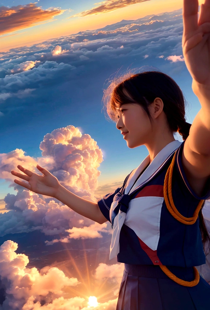 Phoenix and beautiful woman, large phoenix, Japanese woman in sailor suit, phoenix approaching woman, woman reaching out her hand, summit above clouds, sunrise