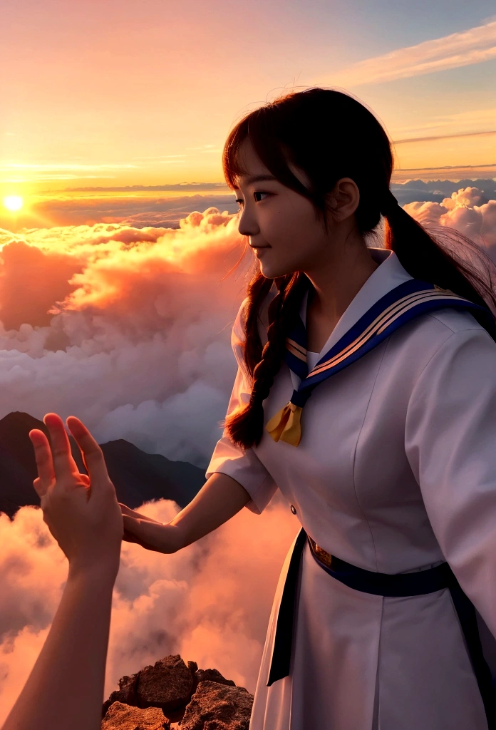 Phoenix and beautiful woman, large phoenix, Japanese woman in sailor suit, phoenix approaching woman, woman reaching out her hand, summit above clouds, sunrise