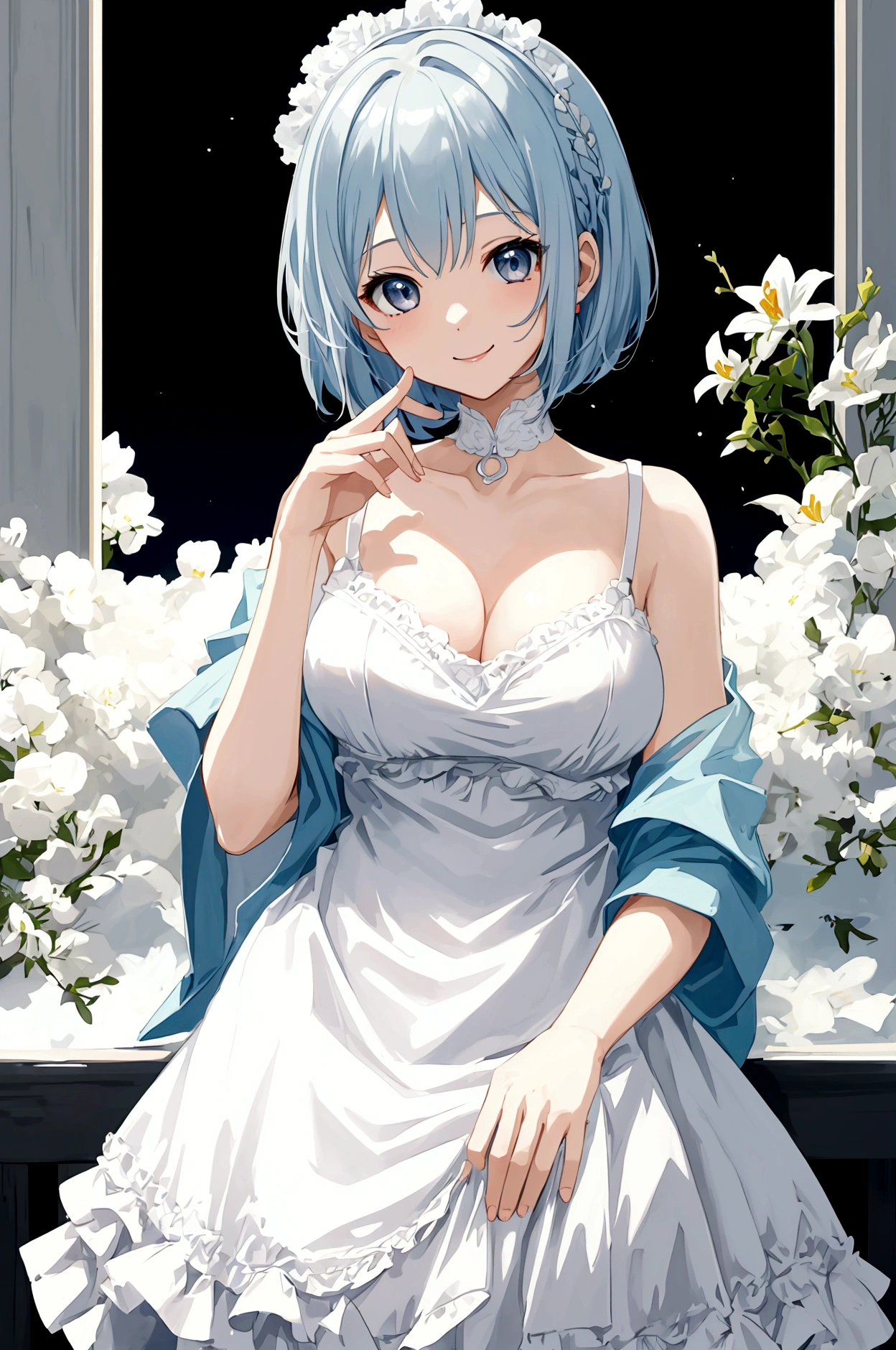 Highest quality、High resolution、masterpiece、Cute anime-style illustrations、One image、One Woman、Light blue hair、Short Bob、Grey Eyes、White Cami Dress、Big Breasts、Stylish older sister、smile、city