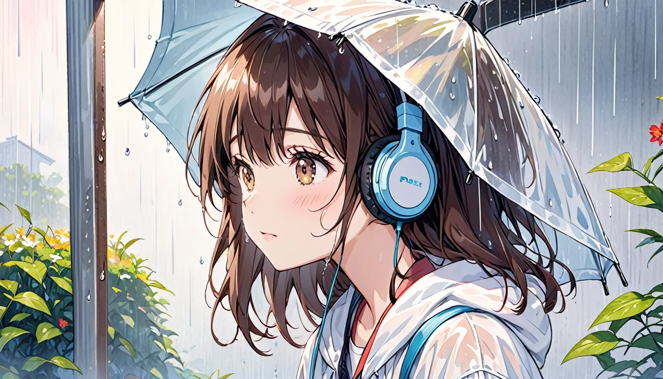 Girl wearing headphones,Brown Hair,One girl,Wet day,Sheltering from the Rain,Bright expression,Not wet