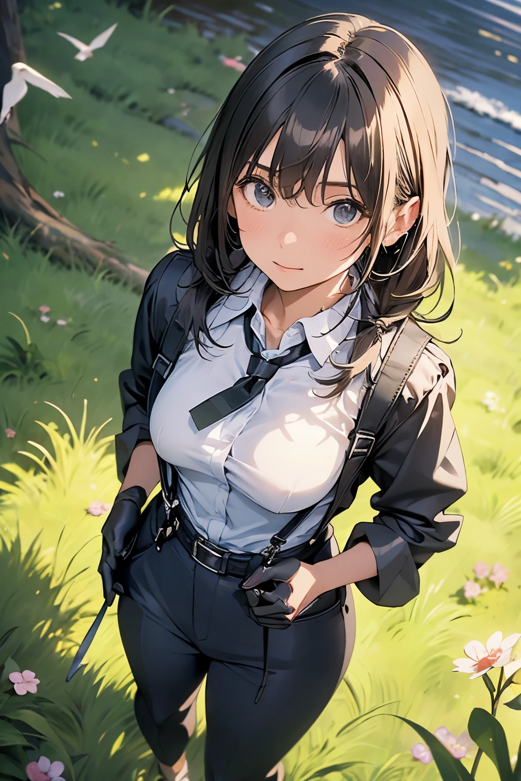 Highest quality, masterpiece, Ultra-high resolution, (realism: 1.4), Oil painting style, Cinema Lighting, An endless grassland dotted with a few houses, I stood on the empty asphalt road and looked at it., Fairy Mountain々was shrouded in mist, And the suspenders with the cranes flying Moderate breasts Small face holster Beautiful woman Lying in bed Looking up Sweat belt summer 脇Sweat Black Hole Gloves suit shirt Black jacket Black trousers Leg Links ズボンにbelt holster Nipples show through the top of clothes