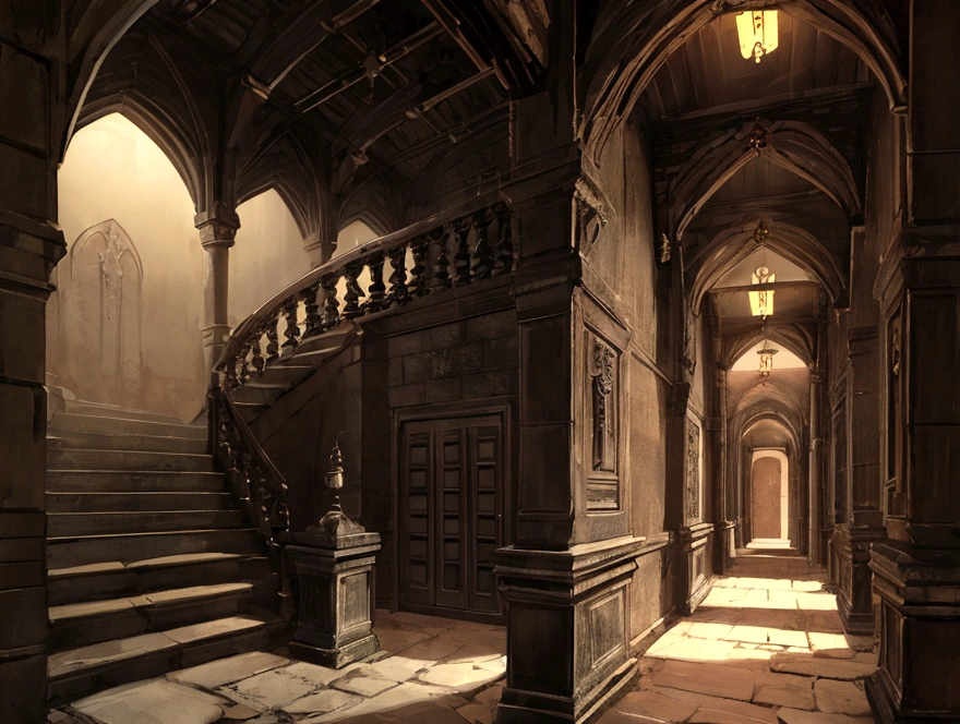 dungeon, stairs down, hall, torches, dark