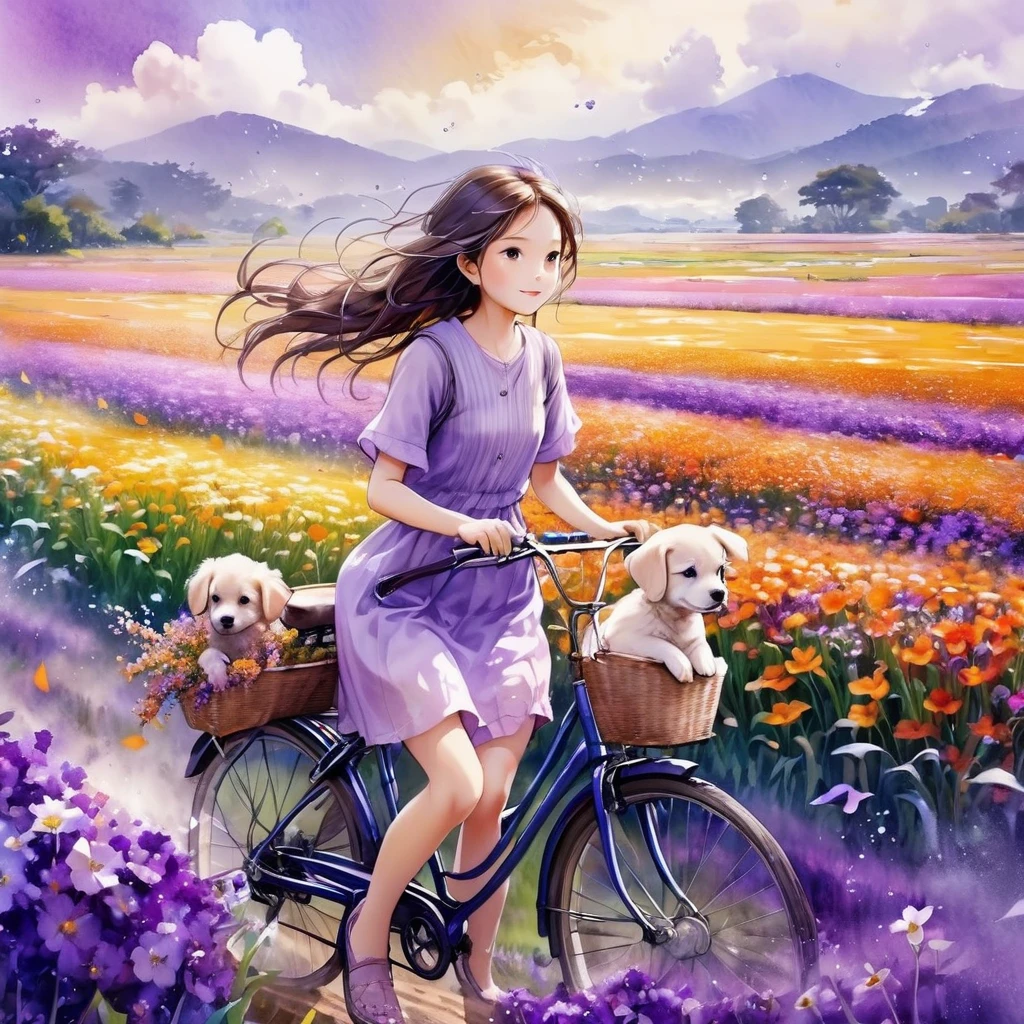 sea of flowers/sea of flowers/sea of flowers.The wind blows the violet fields.spring field scenery.Close-up of a beautiful girl riding a bicycle.Followed by a puppy.water colour、Splash technology recreates the mud atmosphere in wet environments、unique ingredients、Abstract representation、Contains surreal elements、light tone.light gold color scheme、high resolution细节、Paint splash effect、Bright and fresh colors.composto.(best qualityer,4K,8K,high resolution,work of art:1.2),super verbose,There are pale, plump ears of rice in the foreground.