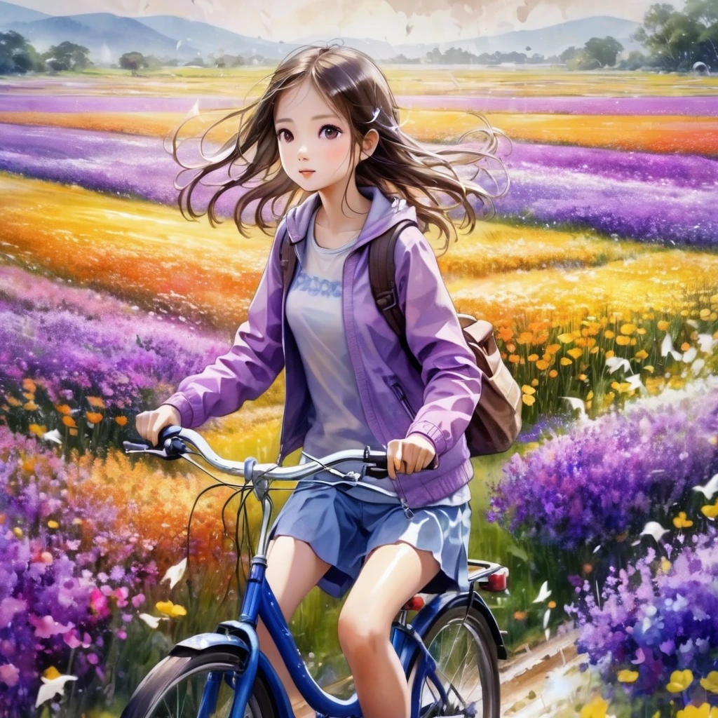 sea of flowers/sea of flowers/sea of flowers.The wind blows the violet fields.spring field scenery.Close-up of a beautiful girl riding a bicycle.Followed by a puppy.water colour、Splash technology recreates the mud atmosphere in wet environments、unique ingredients、Abstract representation、Contains surreal elements、light tone.light gold color scheme、high resolution细节、Paint splash effect、Bright and fresh colors.composto.(best qualityer,4K,8K,high resolution,work of art:1.2),super verbose,There are pale, plump ears of rice in the foreground.