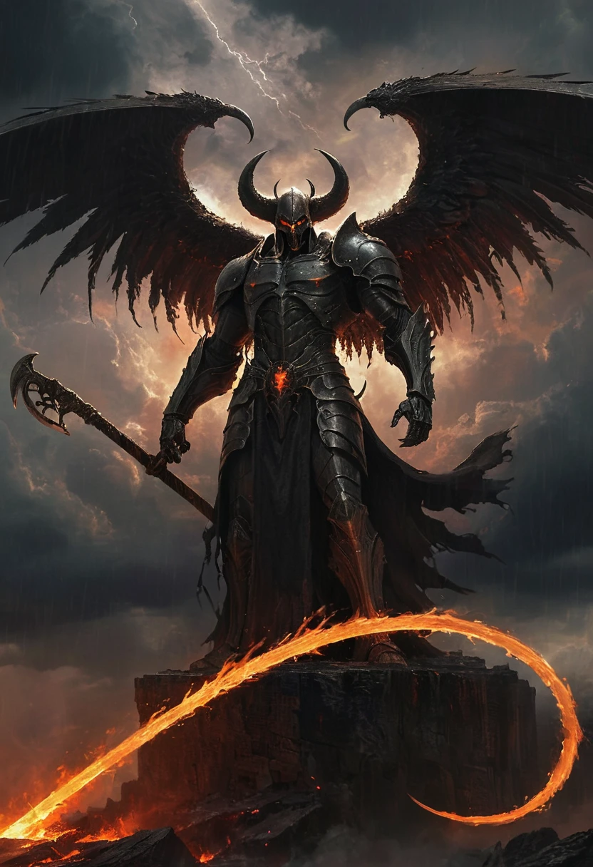 A formidable figure with wings ablaze, brandishing a scythe, standing amidst a stormy sky. The scythe glows with a dark energy, its blade sharp and curved, capturing the ferocity of the scene. Created Using: dynamic brushstrokes, chiaroscuro lighting, high contrast, foreboding atmosphere, detailed armor design, action pose, digital oil painting technique, hd quality, natural look 