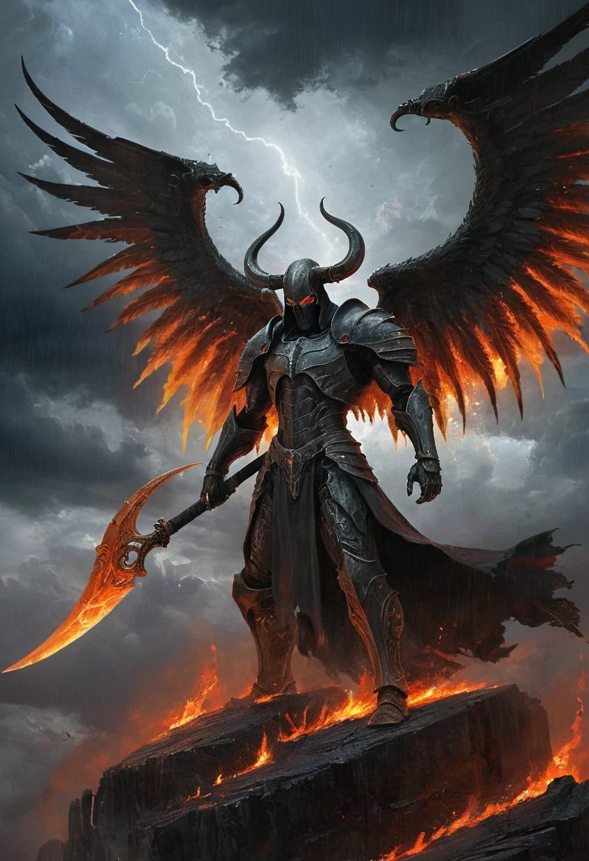 A formidable figure with wings ablaze, brandishing a scythe, standing amidst a stormy sky. The scythe glows with a dark energy, its blade sharp and curved, capturing the ferocity of the scene. Created Using: dynamic brushstrokes, chiaroscuro lighting, high contrast, foreboding atmosphere, detailed armor design, action pose, digital oil painting technique, hd quality, natural look