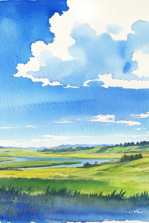 blue sky、watercolor、background、grassland