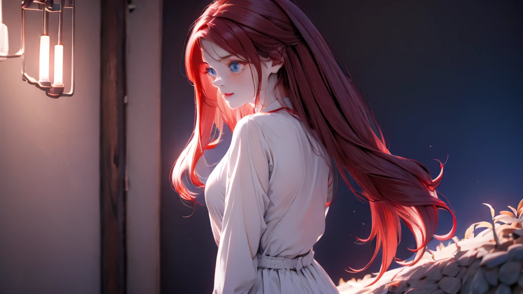 1 Girl , Girl medium light Red hair, light blue eyes, wearing black suit 4D, night town , 18+ , high res, ultrasharp, 8K, masterpiece, looking from behind