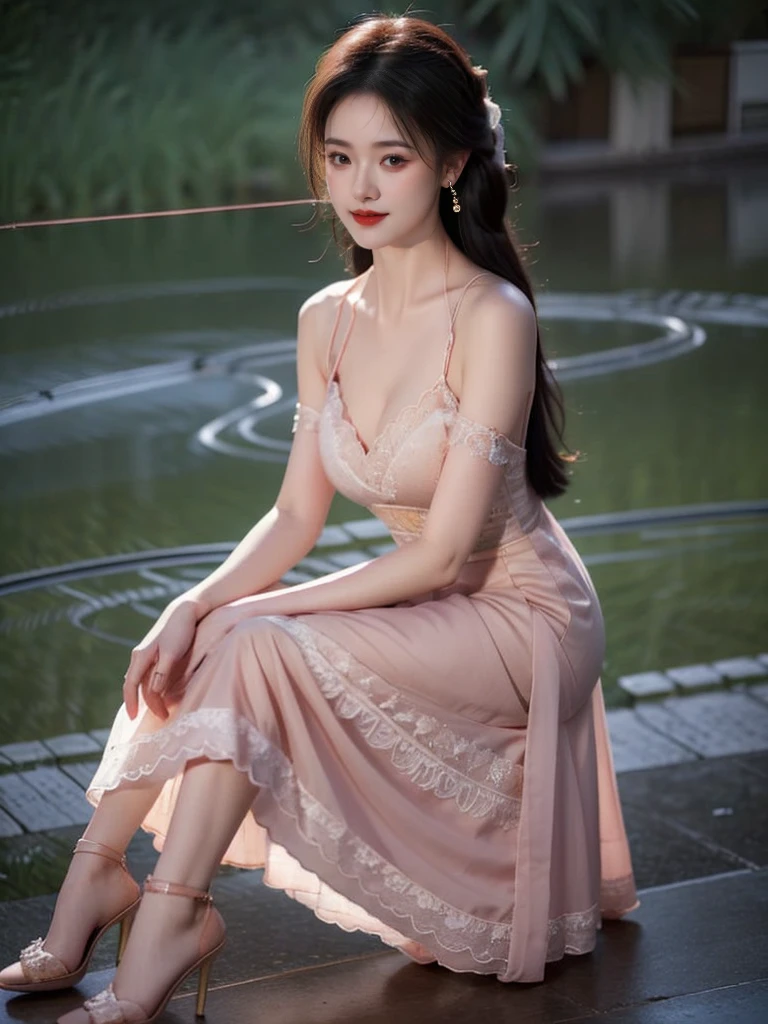 最high quality, 8K, Masseter area, Energetic, concentrate, high quality, high resolution, Delicate face, Fine particles, thick lips, (Looking at the audience), solitary, Beautiful woman, 25 years old,full image, Plum, Black long hair, (Light-colored spaghetti strap lace dress:1.5),(Sitting on a chair in the park:1.5)、Blurred Background,((Smile:1.5))、((Wearing black high heels)),High Aims,Gentle and intellectual