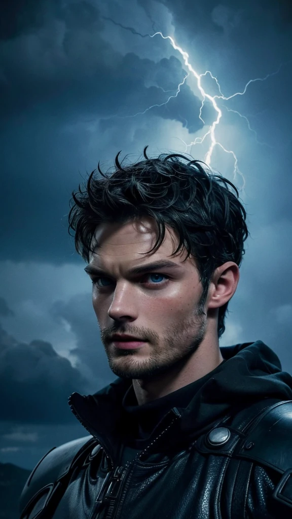 a highly detailed portrait of Jamie dornan as a storm x man, extremely detailed facial features, piercing eyes, pronounced cheekbones, mesmerizing expression, dramatic lighting, stormy dramatic clouds, electricity and lightning, moody dark fantasy atmosphere, cinematic lighting, intricate details, hyper realistic, 8k, masterpiece