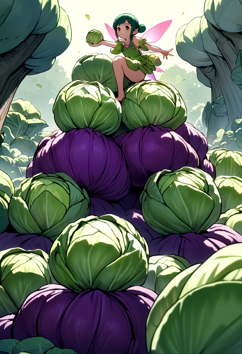 a cute fairy flying over a pile of cabbages, holding one cabbage on her hand