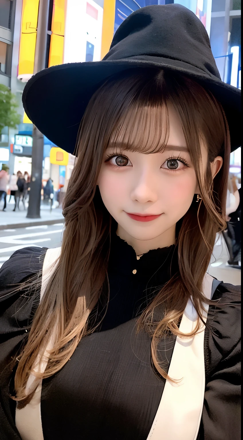 high quality, 最high quality, masterpiece, Very fine、beautifully、detailed, Professional photos, Proper Lighting,
Very beautiful girl, Beautiful Face, Face Tattoos,
Halloween Costumes, Black short dress, Black witch hat, Orange Accessories,
smile, Laughter, Blushed, (thin, Pale skin,:0.8)
Very straight medium hair with single blades,
(Bokeh, Dynamic Angle, city, on the road, Midnight, Shibuya Ward,:0.8)