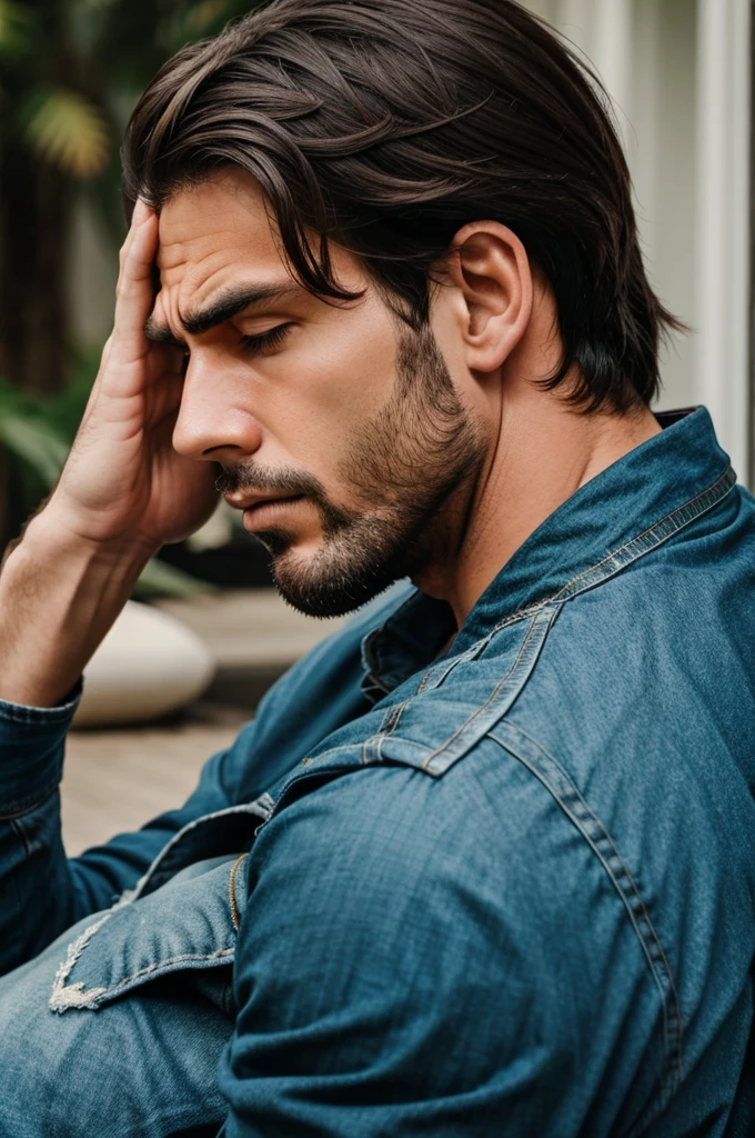 A man in deep stress holding his head. From side angle