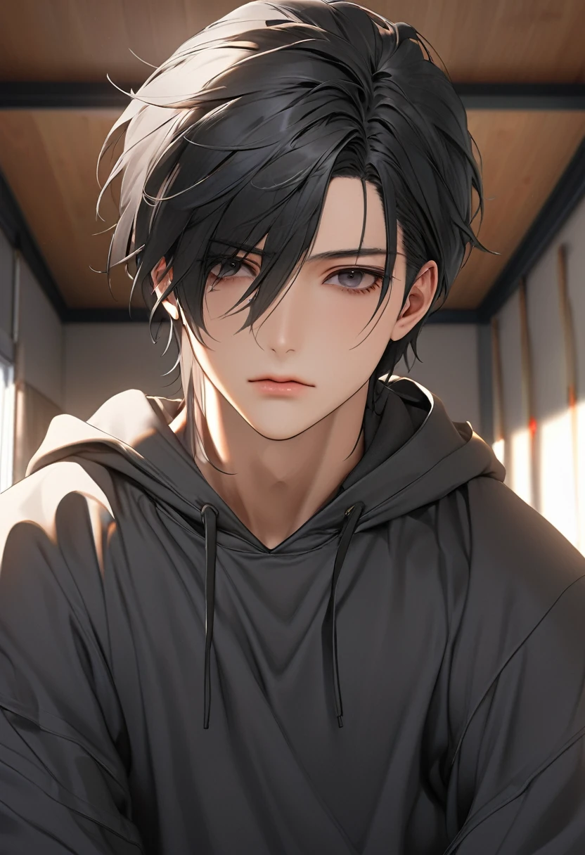 A highschool boy, handsome, perfect body, black hair, short hair, mullet black eyes, expressionless, black hoodie, anime, first-person view, masterpiece, anatomically correct, high details, highres, best quality, super detail, 1080P