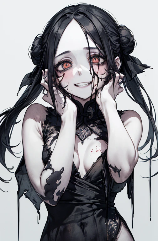 (Place your hands behind your head)、(masterpiece: 1. 2, Highest quality), (Live Action, Exquisite detail), (Anatomically correct), (1 Girl, Upper Body, Small breasts, Eyes Wide Open, Scary atmosphere, Distorted representation, Wicked Smile, Bleeding eyes, Blood splatter, whole body, China dress, Twin tail bun, Black Hair, (Dark circles under the eyes), white, Sickly, Crazy Eyes, (Grin), Dramatic makeup, Mixed Media Art, whiteの背景