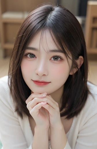 Realistic、Highest quality、Highest quality、masterpiece、Ultra-high resolution、RAW Photos、Realistic、Bright lighting、Face Light、Smooth Professional Lighting、Looking into the camera、alone、Adult female、Beautiful woman、Super Beauty、Realistic肌、Moisturized Skin、Realistic eyes and faces、Perfect model body shape、Beautiful Eyes、Big eyes、Inconspicuous tear bags、slim、Medium sized big breasts、Very good、Beautiful fingers、Very short hair、Black Hair、black eye、Looks happy、Cowboy Shot, (Both ears are hidden by hair),Beautiful attention to detail, Full body portrait、(((Rest your elbows on the floor)))、Knees on the floor
