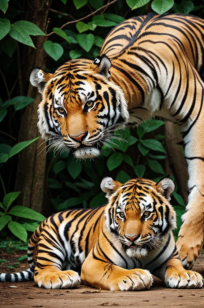 Tiger playing with cub