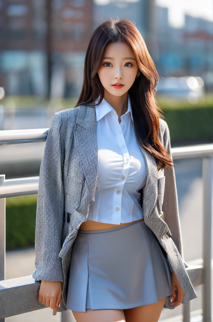 the most beautiful actress in the world, she is 18 years old, the perfect body proportions of this girl, her exposed bare skin is only the lower than her waist, the blazer is firmly worn on the formal shirt which is covering her large breasts, it's too difficult for the short skirt to cover the panties because it's too short, her bare thighs, the lower than her knees are out of this picture, her covered bare skin is only the upper than her waist, blazer is firmly closed and covering her navel, only one description of this picture, at city street, standing, nsfw, best quality, highly detailed, masterpiece, ultra high res, photo realistic, 8k